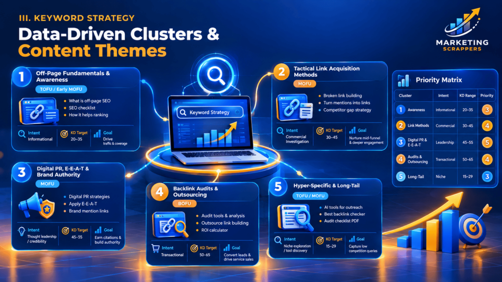 Infographic illustrating data-driven keyword strategy, showing five topical content clusters and a priority matrix with keyword difficulty and funnel stages.