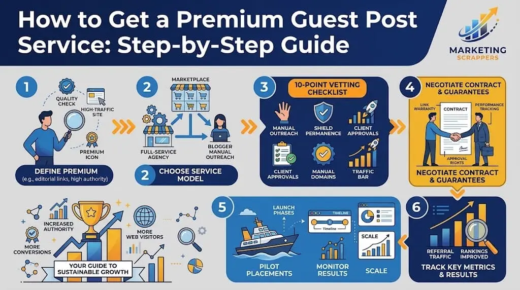 Infographic titled How to Get a Premium Guest Post Service: Step-by-Step Guide illustrating service models, a 10-point vetting checklist, contracts, and growth tracking.