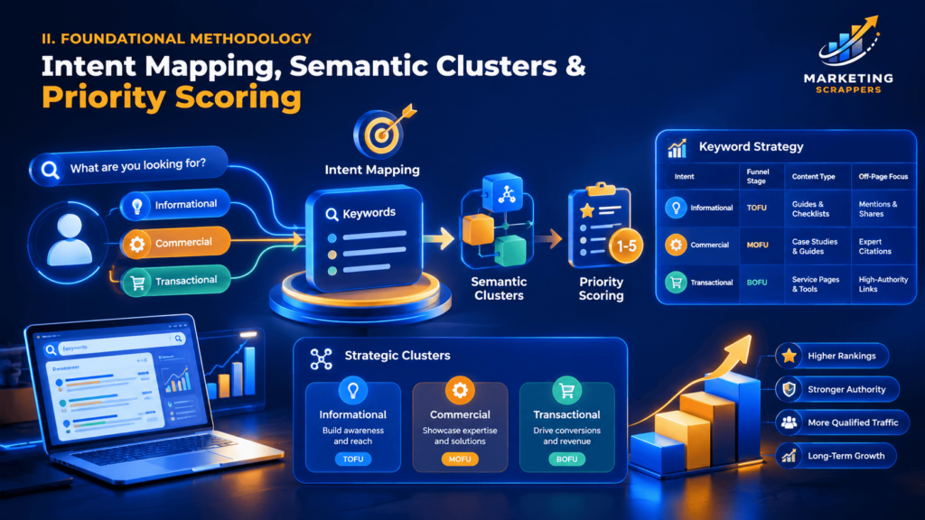 Infographic detailing search intent mapping, semantic keyword clusters, priority scoring, and funnel-aligned content types for enterprise SEO methodology.