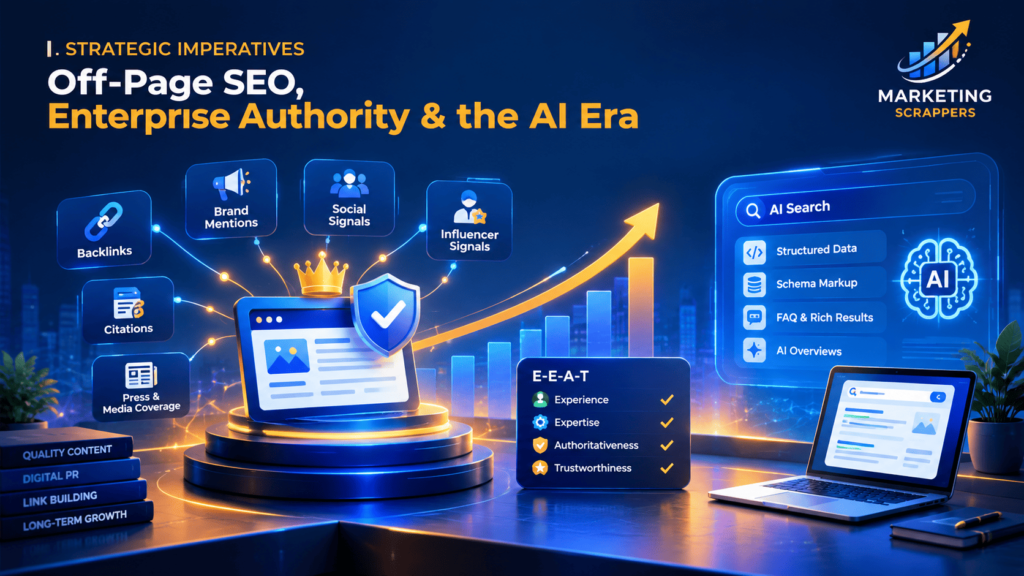 Diagram showing off-page SEO signals, including backlinks, brand mentions, citations, E-E-A-T trust signals, and AI search structured data for enterprise authority.