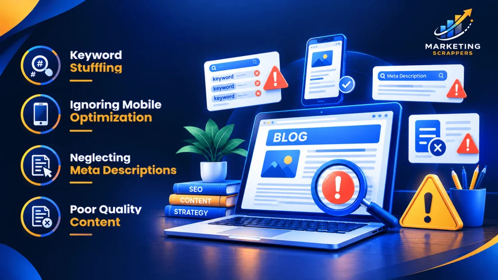 Infographic illustrating common blog post SEO mistakes including keyword stuffing, ignoring mobile optimization, neglecting meta descriptions, and poor quality content.