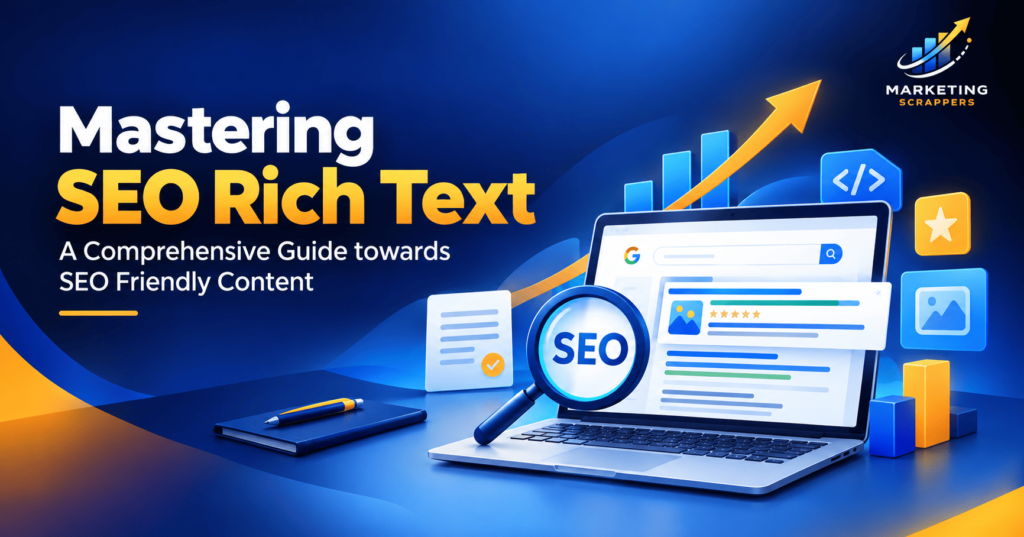 SEO rich text and SEO friendly content illustration with search results, optimization graphics, and growth analytics