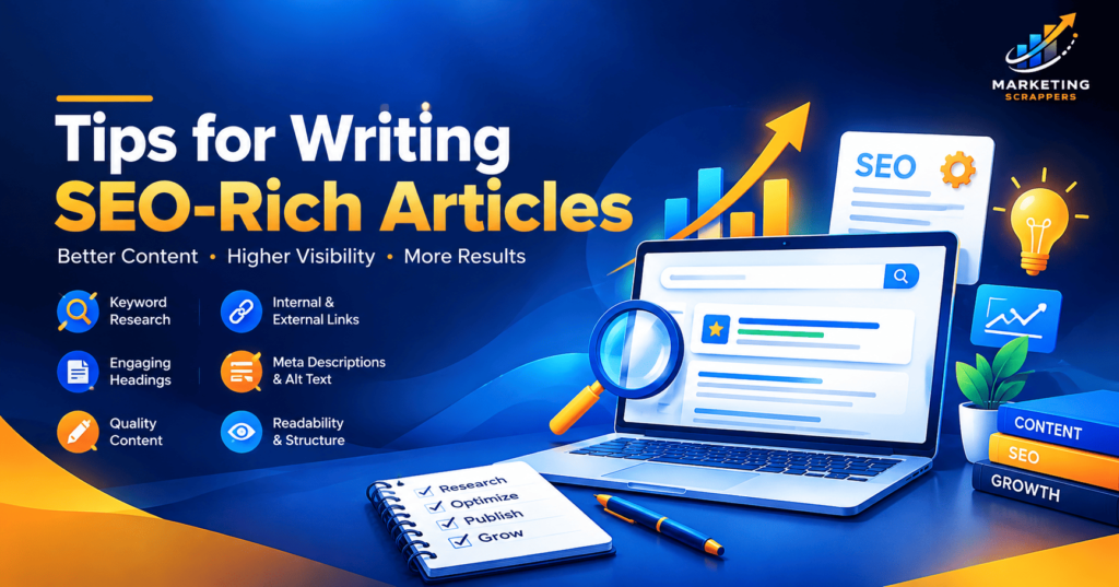 SEO-rich article writing illustration showing keyword research, content optimization, links, metadata, and readability