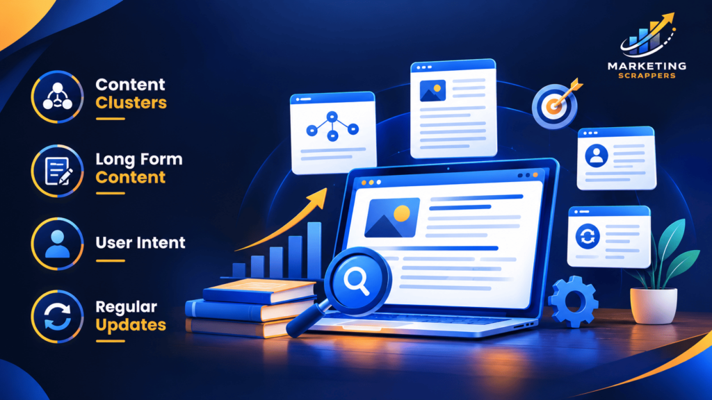 SEO-rich content strategies showing content clusters, long-form content, user intent, and regular updates