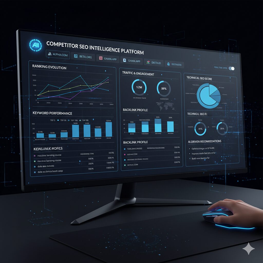 AI dashboard comparing multiple competitor websites and SEO metrics