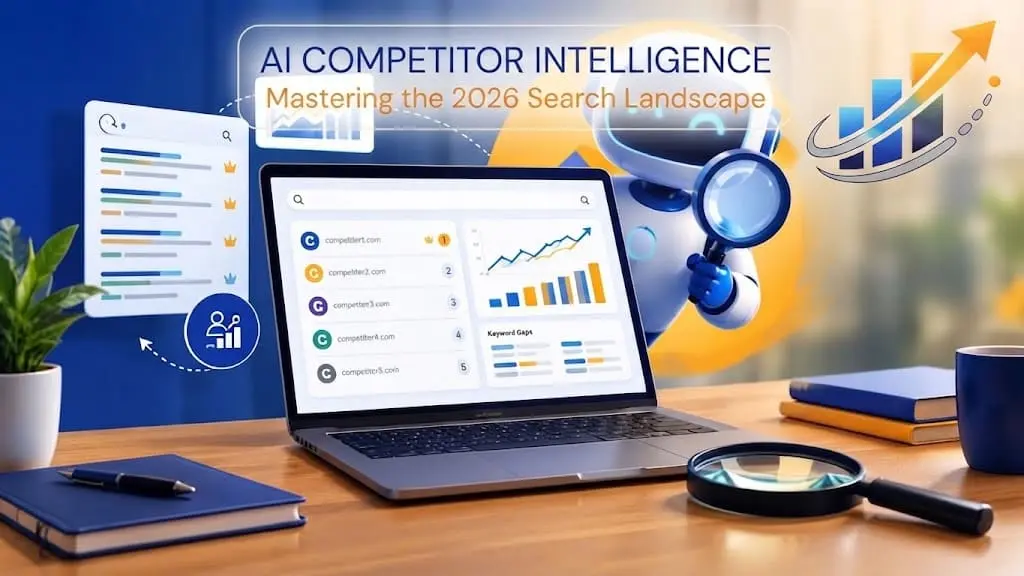 Laptop displaying competitor keyword gaps and AI search data with the Marketing Scrappers logo naturally integrated in the top right corner