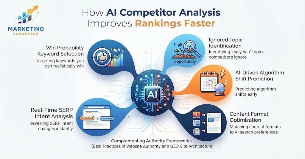 Infographic illustrating how AI competitor analysis improves rankings faster through win probability keyword selection, real-time SERP intent analysis, and AI-driven algorithm shift prediction.