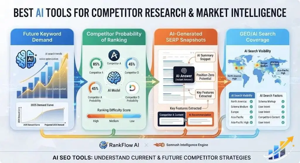An infographic comparing top AI SEO competitor research tools, specifically analyzing future keyword demand, competitor probability of ranking, AI-generated SERP snapshots, and GEO/AI search coverage for 2026 market intelligence.