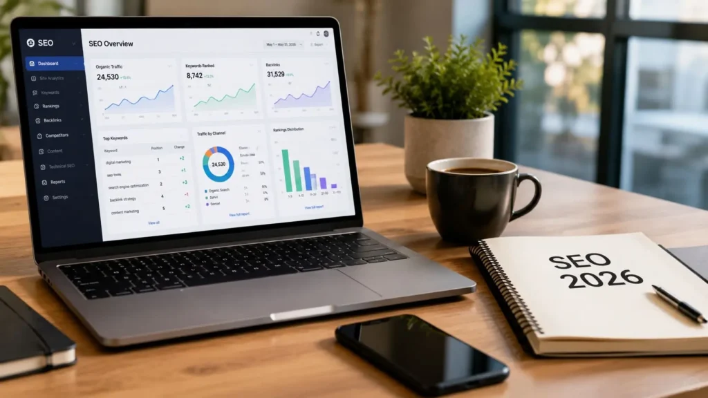 A modern workspace with a laptop showing SEO analytics and keyword research graphs for 2026