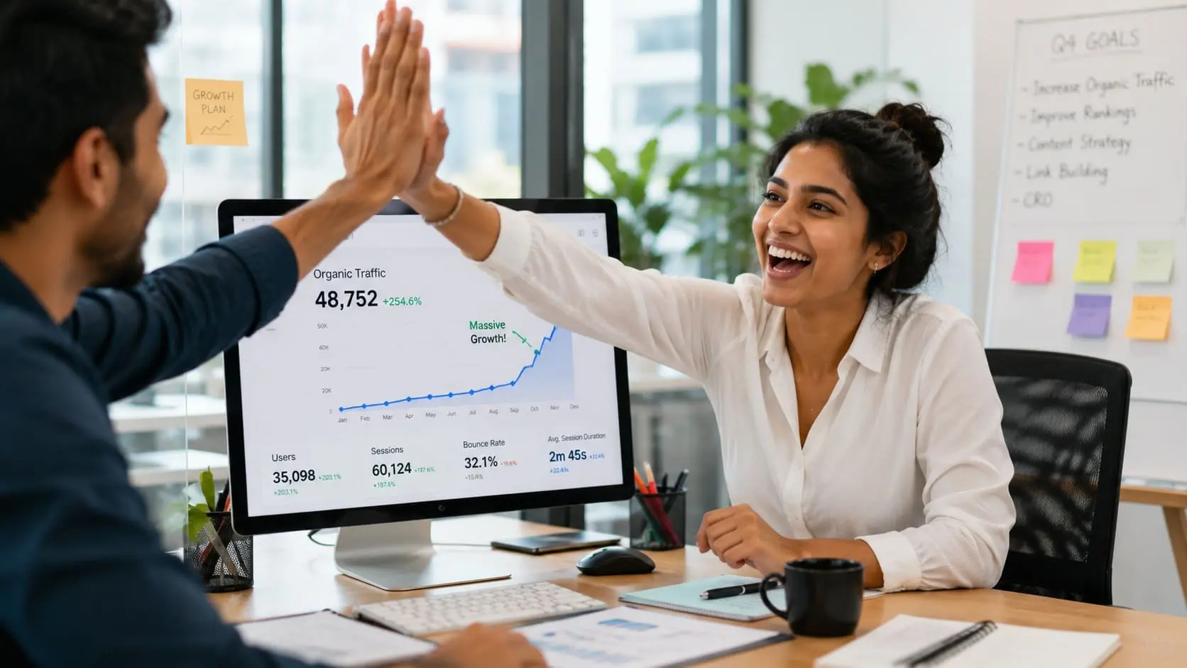 A happy entrepreneur celebrating a huge increase in website organic traffic and leads