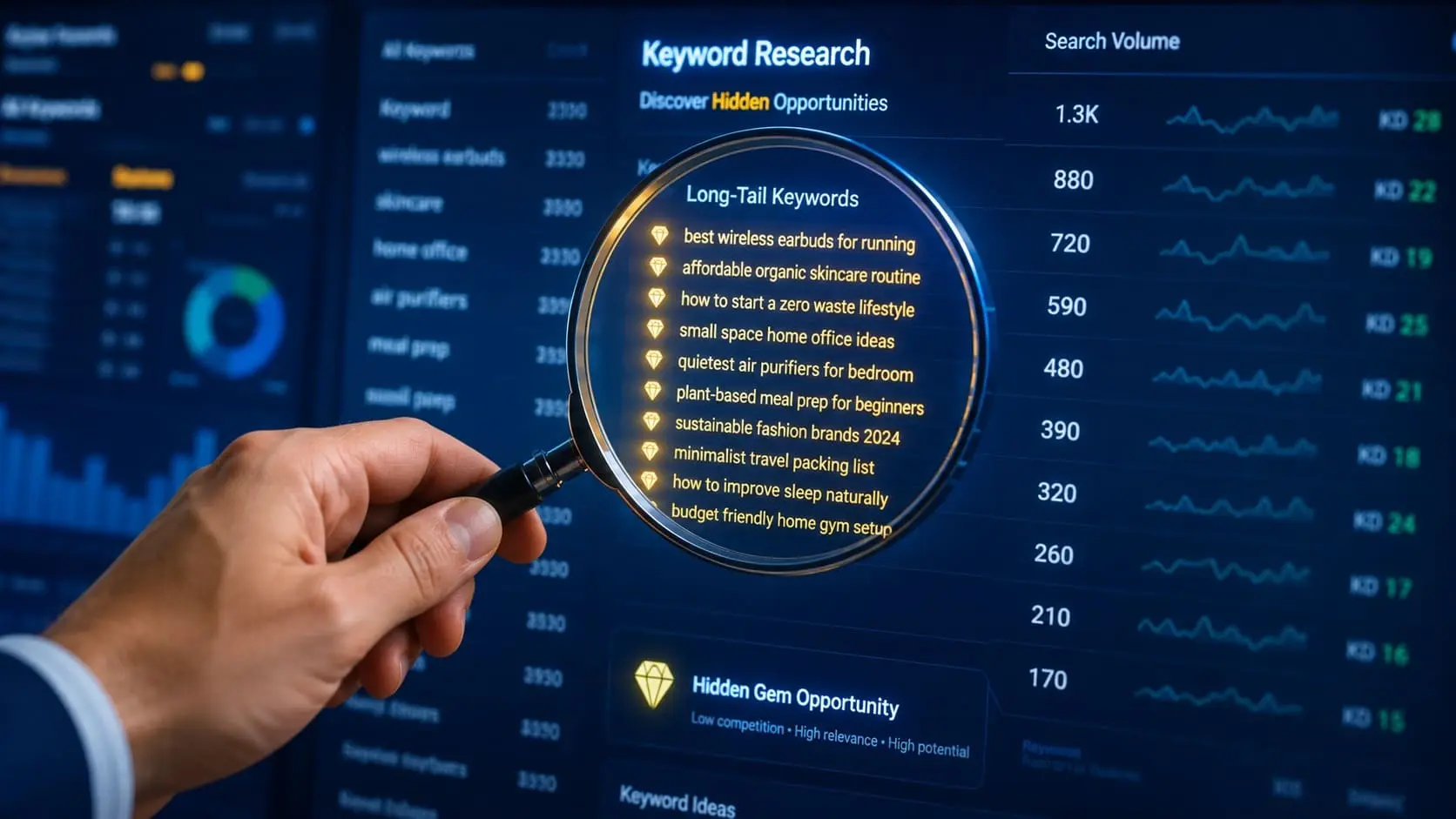 A magnifying glass focusing on specific long-tail keyword phrases on a digital screen
