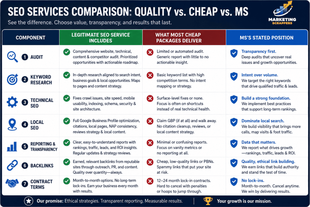 Comparison table: what SEO services for small business should include vs what cheap packages actually deliver