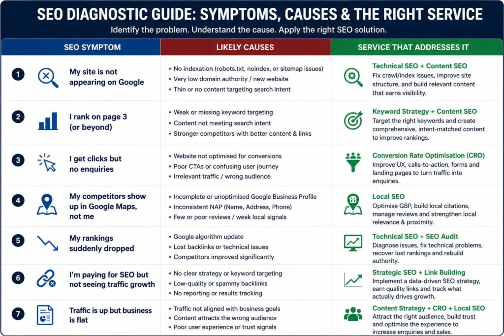 SEO diagnostic table for small businesses: seven symptoms, their likely causes, and which service fixes each