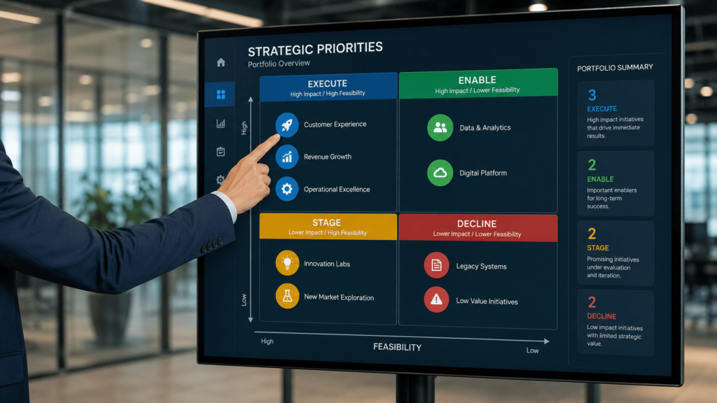 Professional touchscreen strategy dashboard with four-quadrant matrix labeled EXECUTE, ENABLE, STAGE, and DECLINE, featuring colored initiative tokens and a hand pointing to the EXECUTE quadrant in a modern office.