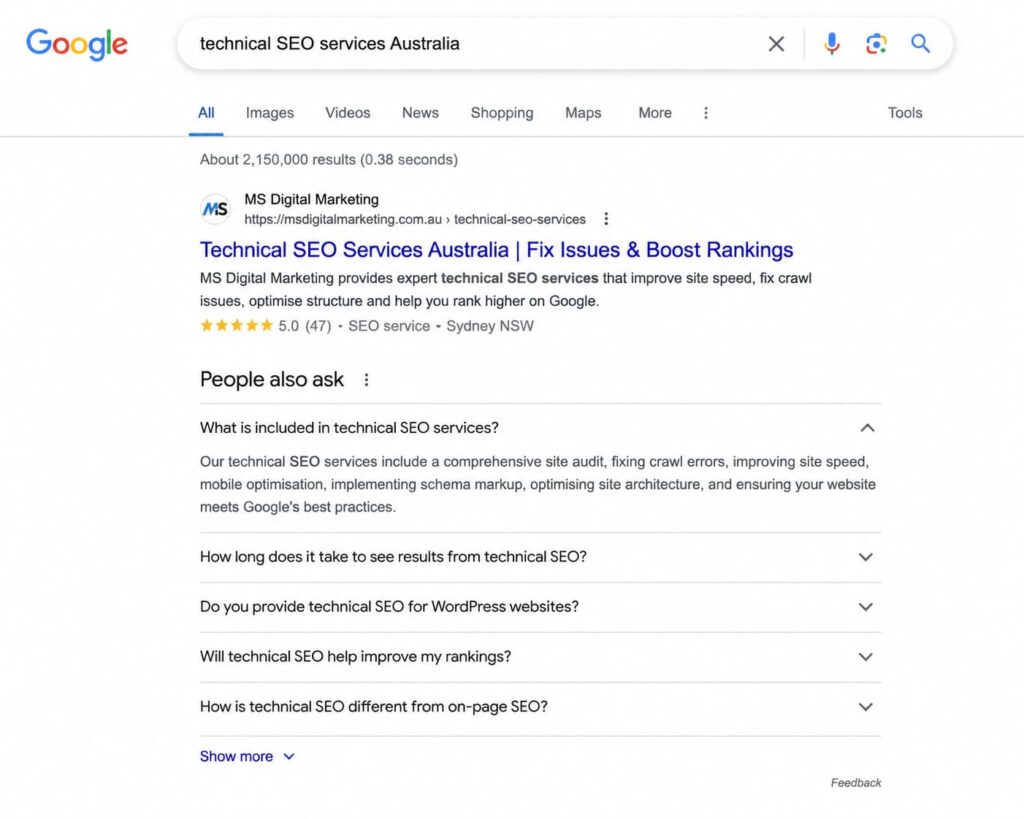 Google search result showing FAQ rich snippet for Marketing Scrappers SEO services for small business page