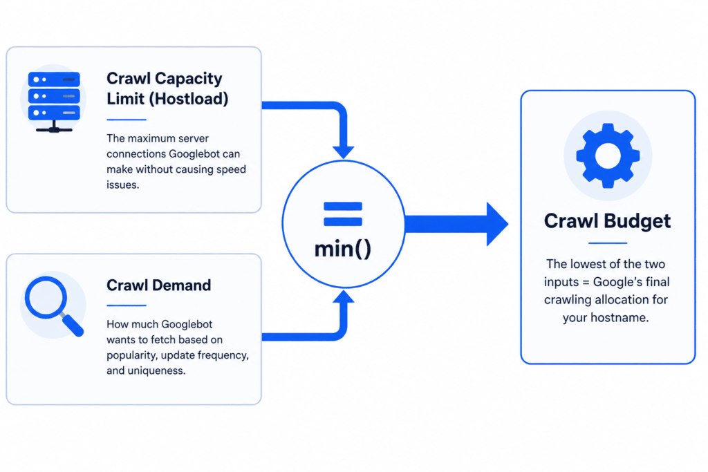 Flat process diagram visualizing crawl budget as the lower of crawl capacity limit and crawl demand.