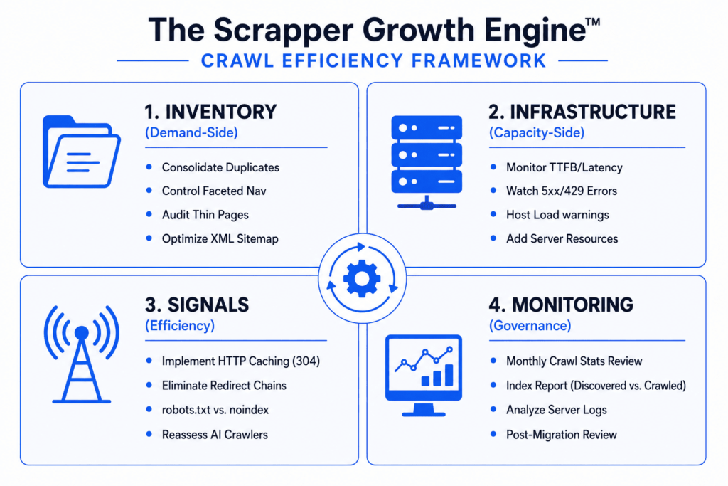 Four-quadrant matrix summarizing the Scrapper Growth Engine™ Crawl Efficiency Framework across Inventory, Infrastructure, Signals, and Monitoring.