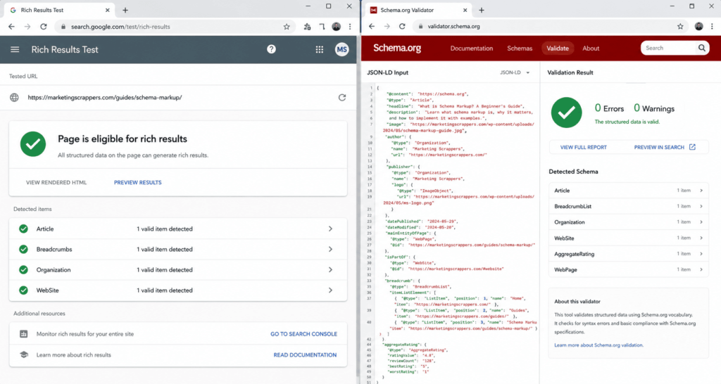 A split-view screenshot composite. The left half shows Google's Rich Results Test tool declaring "Valid" status for an Article. The right half shows the Schema.org Validator showing a complex but successful Graph validation.