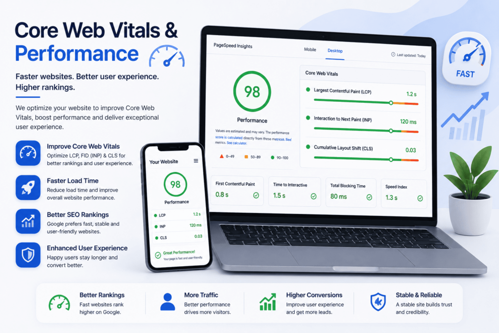 Google PageSpeed Insights report on laptop and smartphone screens showing passing Core Web Vitals metrics including LCP, INP, and CLS scores.