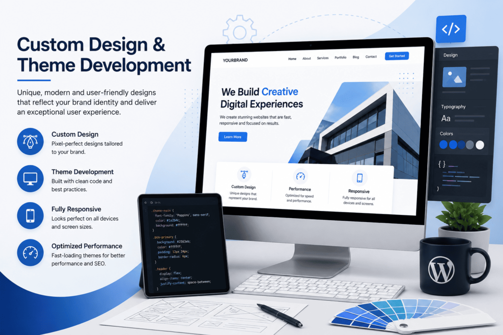 Custom WordPress theme development process showing responsive web design layout on desktop monitor alongside CSS code editor on a tablet.