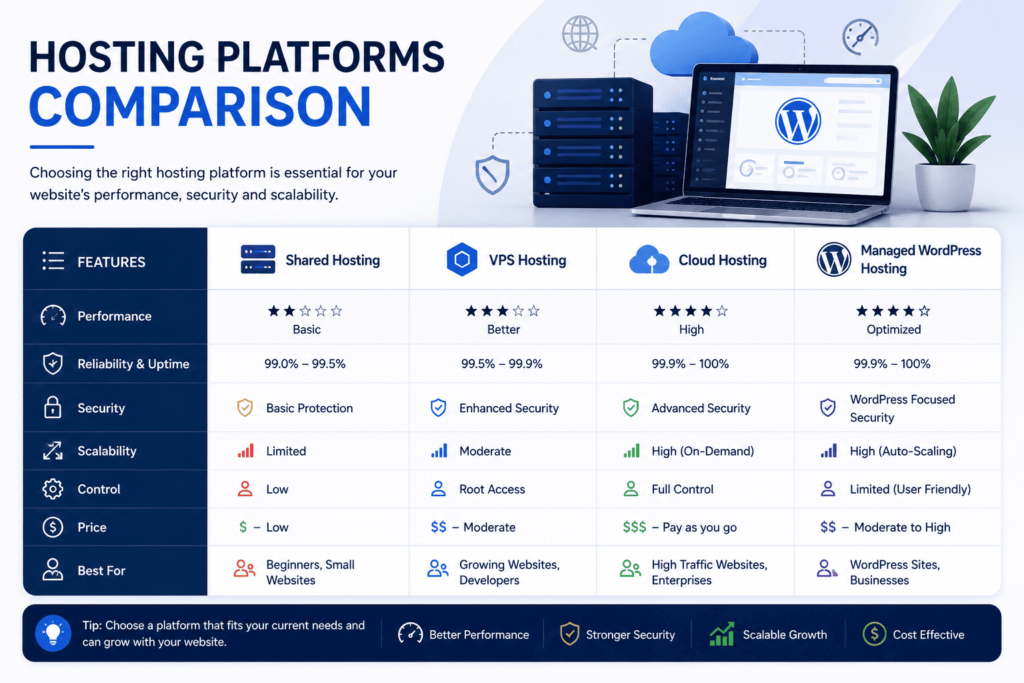 WordPress hosting platforms comparison table comparing Shared, VPS, Cloud, and Managed WordPress hosting across performance, uptime, security, and scalability.