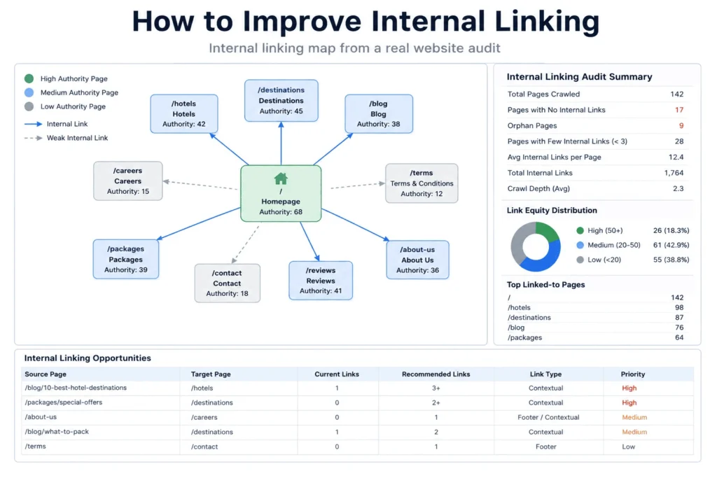 Internal linking map showing how related website pages connect during an SEO audit.