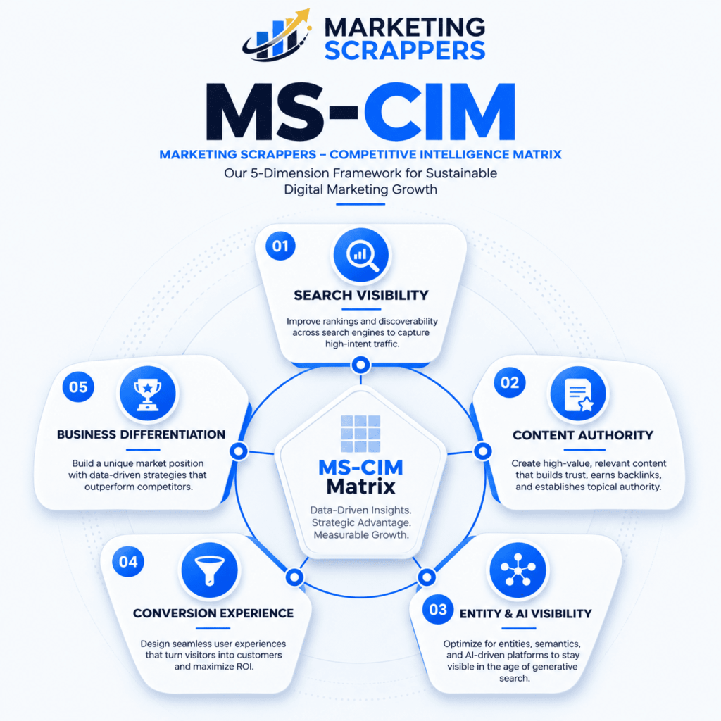 MS-CIM framework diagram showing five dimensions of digital marketing strategy: Search Visibility, Content Authority, Entity & AI Visibility, Conversion Experience, and Business Differentiation arranged around a central Marketing Scrappers matrix.