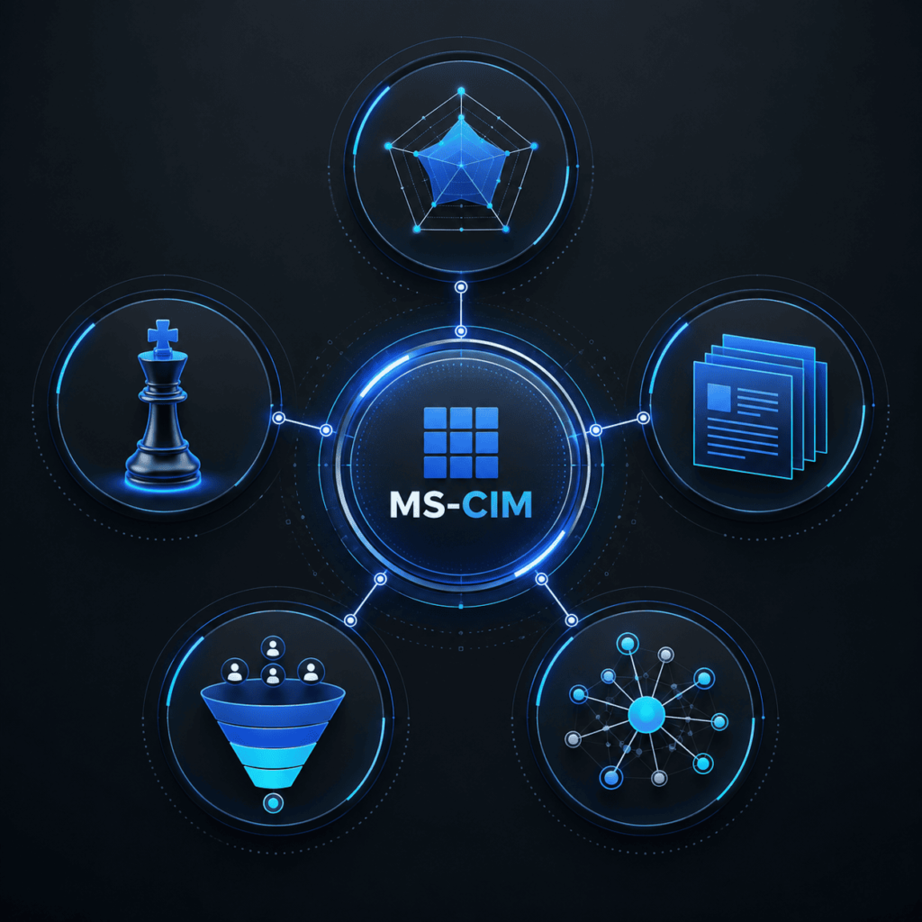 The MS Competitive Intelligence Matrix (MS-CIM) framework diagram showing five core dimensions of competitive analysis.