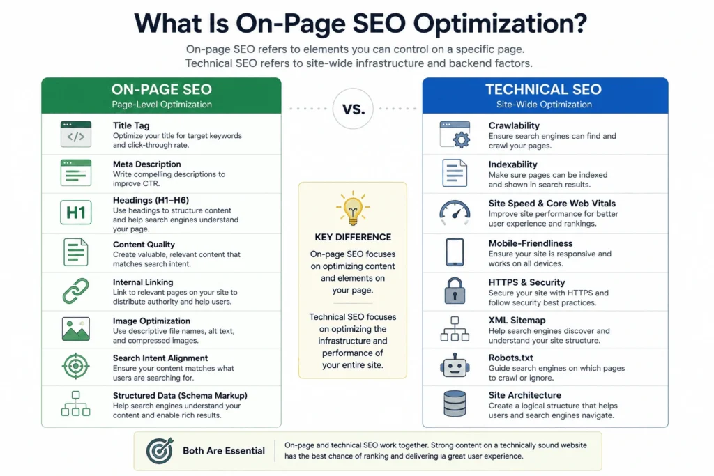Diagram comparing on-page SEO elements with technical SEO website factors.