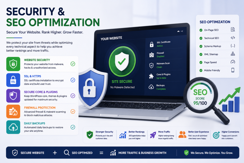 WordPress security and technical SEO optimization infographic showing website security features, SSL, firewall, page speed, and schema markup on a laptop screen with a 95/100 SEO score.