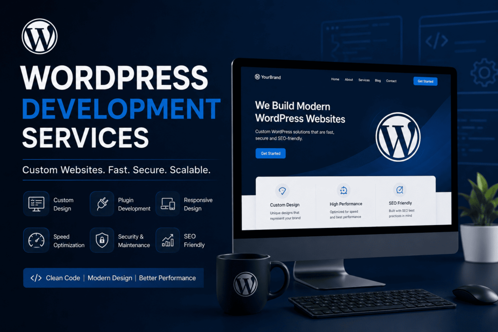 Professional WordPress development services showcase displaying custom web design, speed optimization, and secure coding solutions on a desktop monitor.