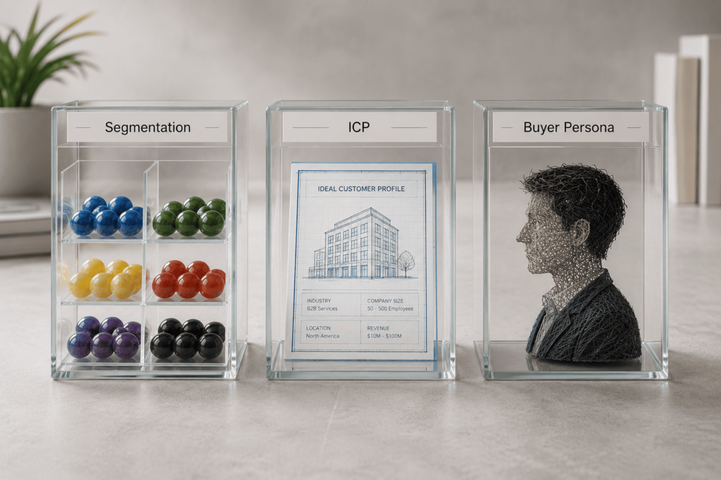 Minimalist architectural boxes visually distinguishing the concepts of Audience Segmentation, Ideal Customer Profile (ICP), and Buyer Persona.