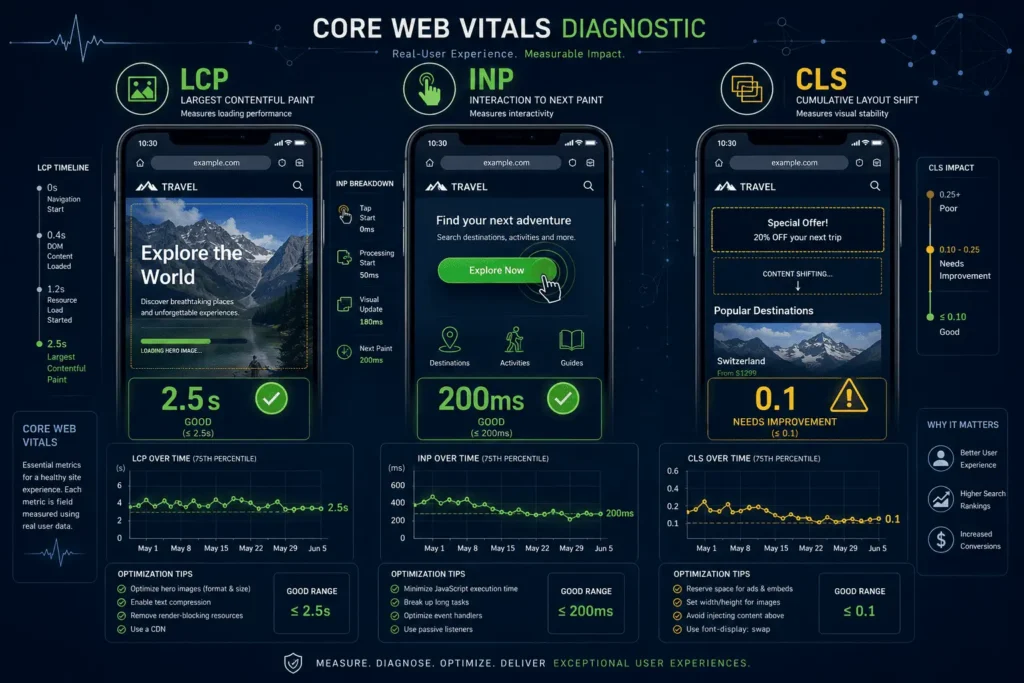 A visual diagnostic of mobile web page experience, featuring side-by-side device mockups measuring LCP (Largest Contentful Paint), INP (Interaction to Next Paint), and CLS (Cumulative Layout Shift) technical thresholds.