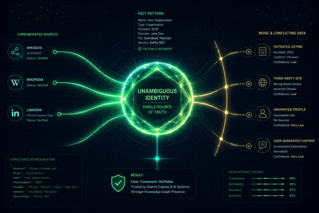 A technical schematic visualizing factual clarity. A central glowing crystalline node represents a true entity fact-pattern, with weaker, diffused data streams kept separate, on a dark slate background with neon green and gold accents.