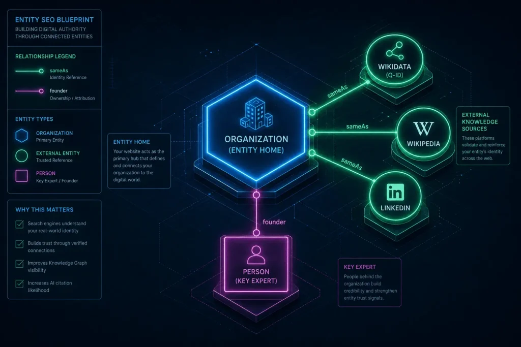 A technical entity-relationship diagram visualizing a central Organization node connected via sameAs links to Wikidata, Wikipedia, and LinkedIn, and via founder to a Person node.