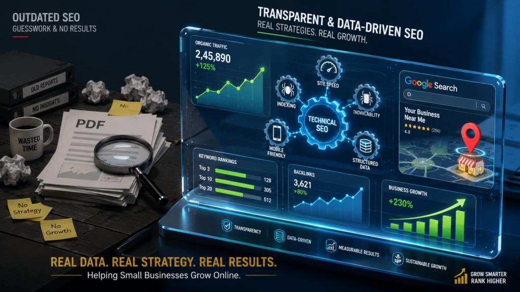 Transparent data-driven SEO dashboard with technical SEO gears, growth charts, Google Search map, and outdated PDF reports