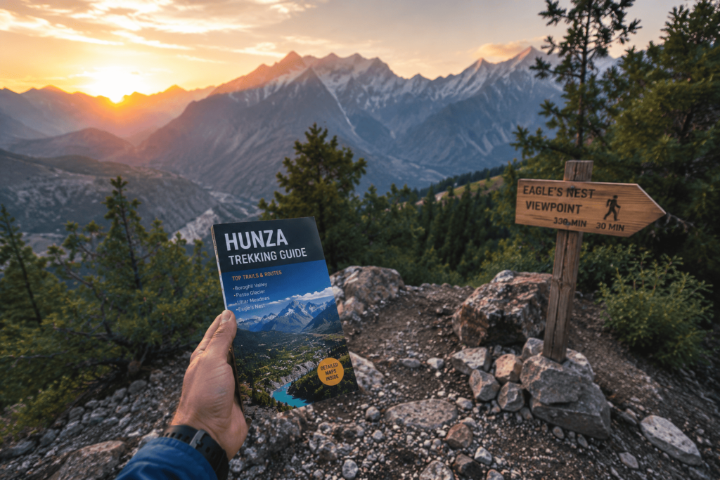 First-person view of a hiker holding a trail map on a mountain peak at sunrise, illustrating first-hand experience.