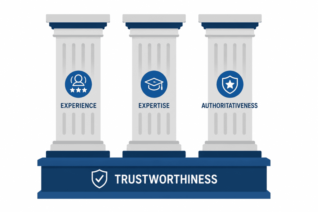 Diagram showing Trustworthiness as the foundation supporting Experience, Expertise, and Authoritativeness pillars in Google's E-E-A-T framework.