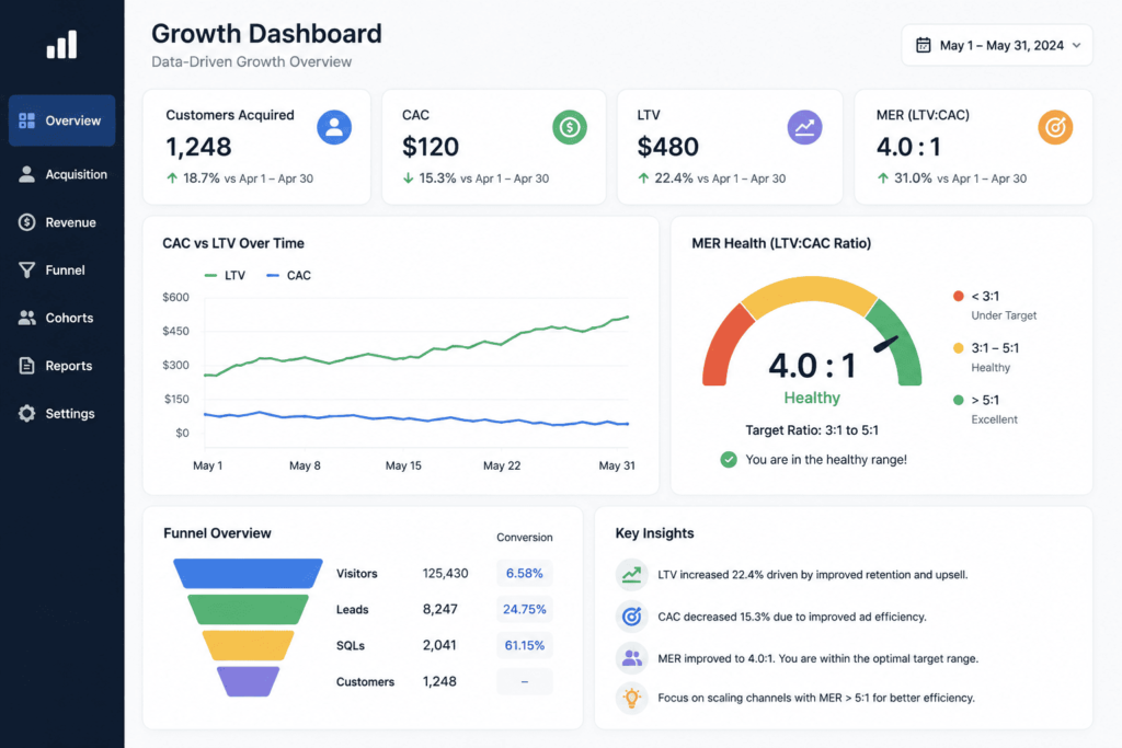 Growth marketing analytics dashboard displaying CAC, LTV, MER ratio, conversion funnel, and customer acquisition metrics used by a growth marketing agency.