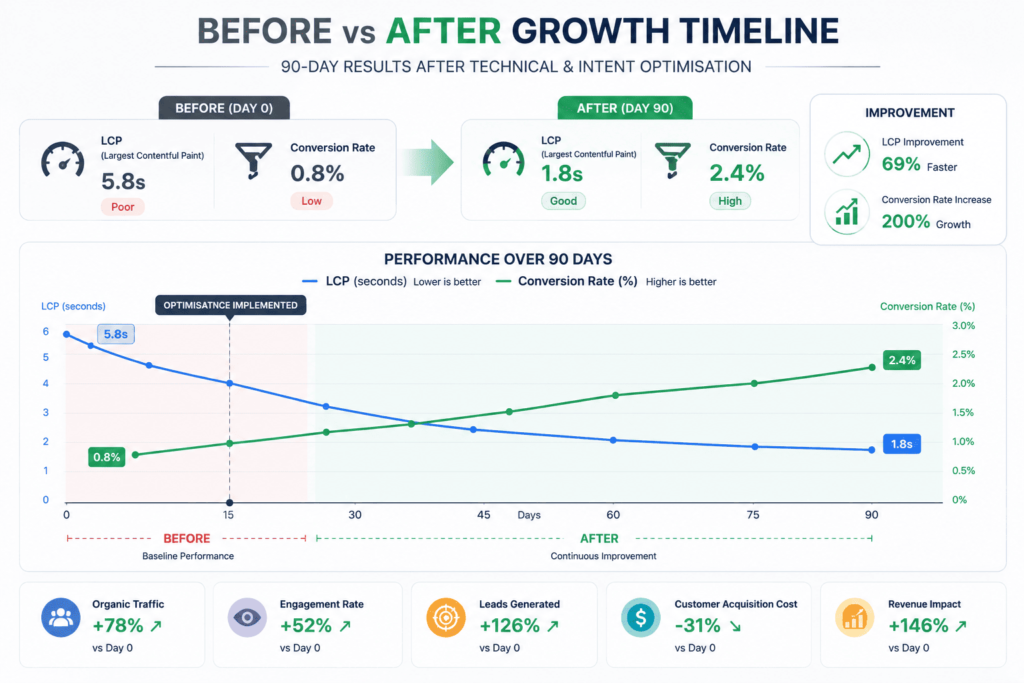 Before vs After growth marketing audit timeline showing LCP improvement from 5.8s to 1.8s, conversion rate increase from 0.8% to 2.4%, and 31% lower customer acquisition cost over 90 days.