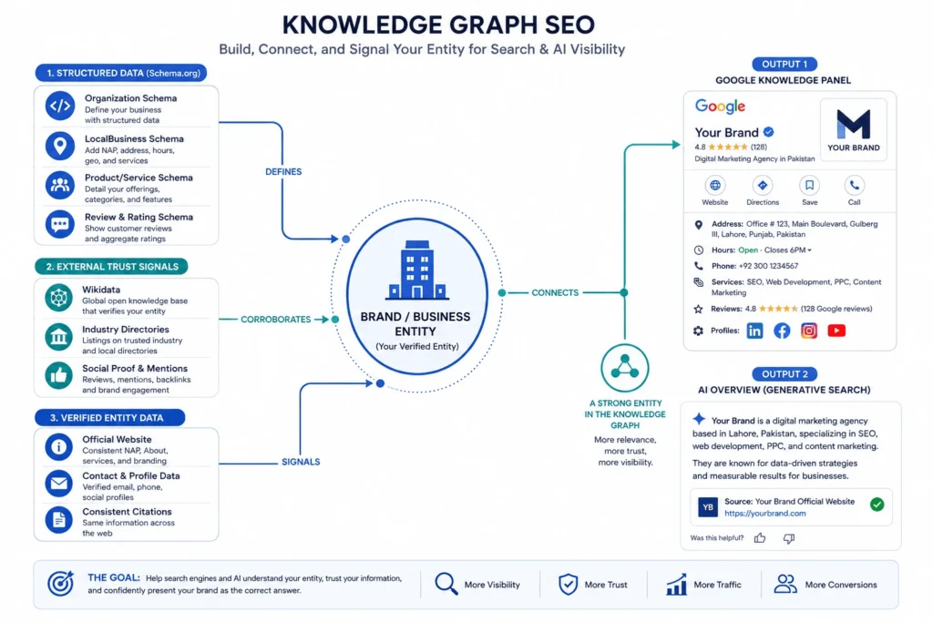 Diagram illustrating how Knowledge Graph SEO uses structured data and external signals to build verified brand identity and secure citable AI answers