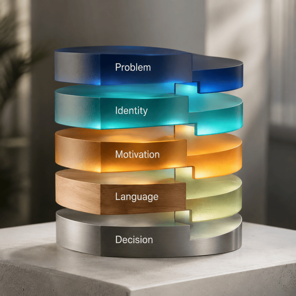 Minimalist layered sculpture representing the five layers of the MS Audience Research Framework: Problem, Identity, Motivation, Language, and Decision.