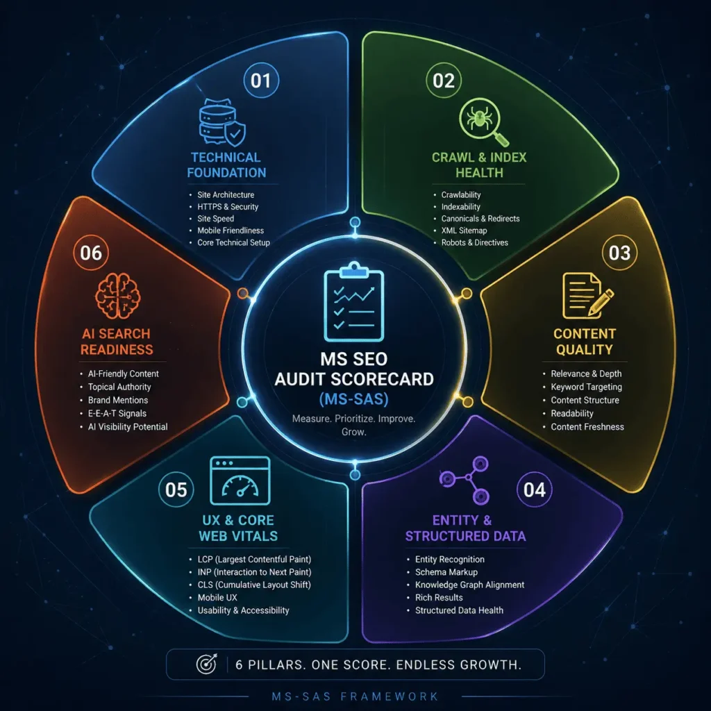 A polished circular framework visualization defining the six pillars of the proprietary MS SEO Audit Scorecard (MS-SAS) maturity assessment tool.