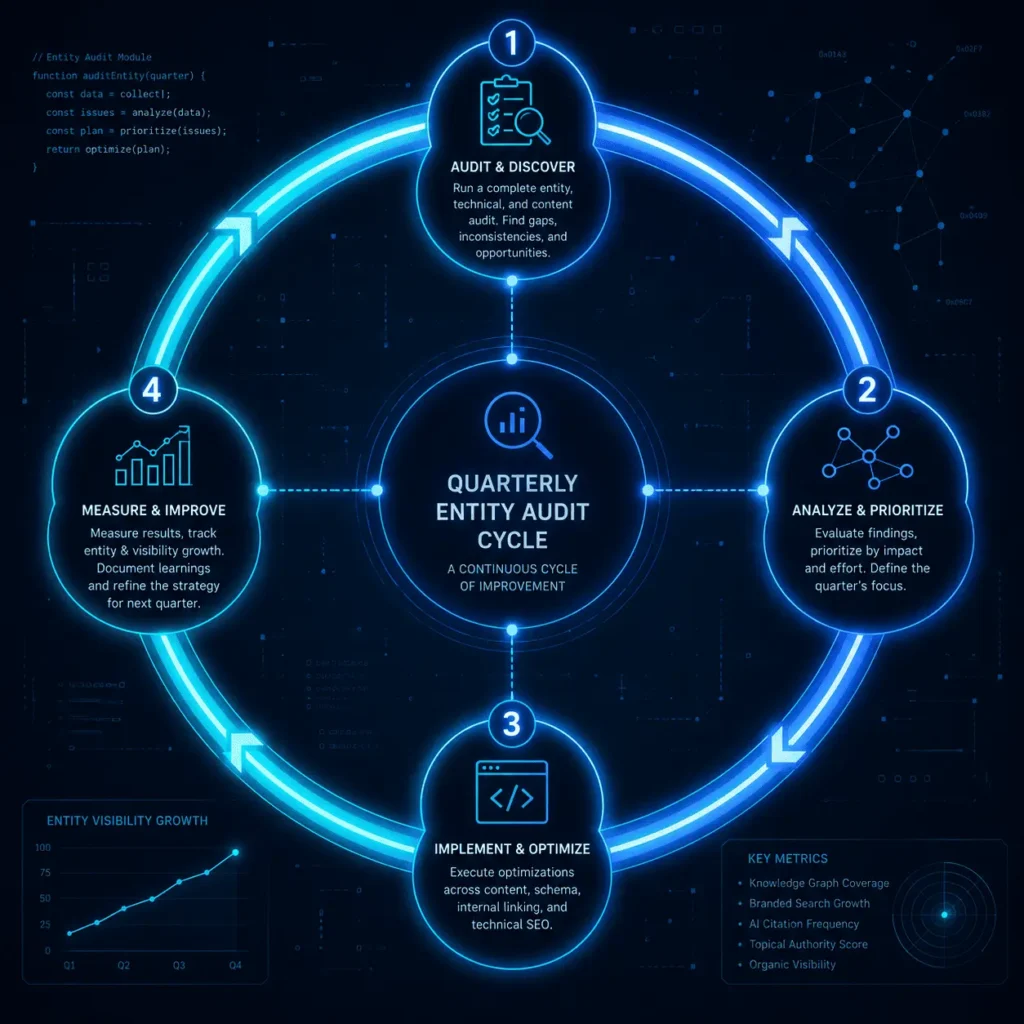 A clean, glowing circular diagram visualizing a four-step quarterly audit cycle for entity authority measurement, using neon blue and cyan accents on a dark slate background.