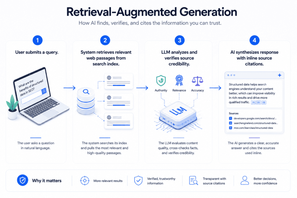 Step-by-step process flowchart of Retrieval Augmented Generation in generative AI search