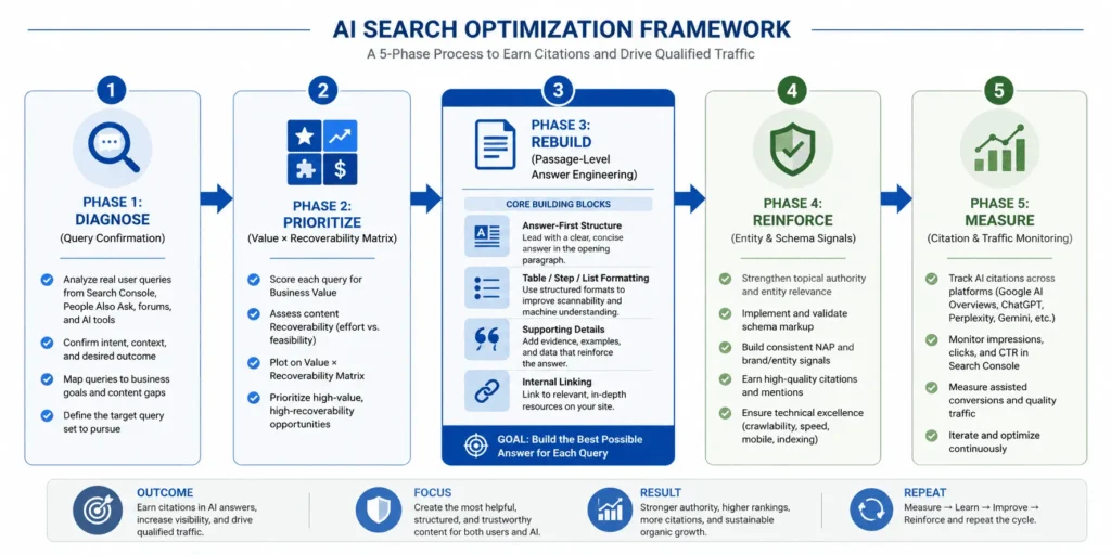 The 5-phase Scrapper Growth Engine™ framework for AI Overview traffic recovery: Diagnose, Prioritize, Rebuild, Reinforce, and Measure.