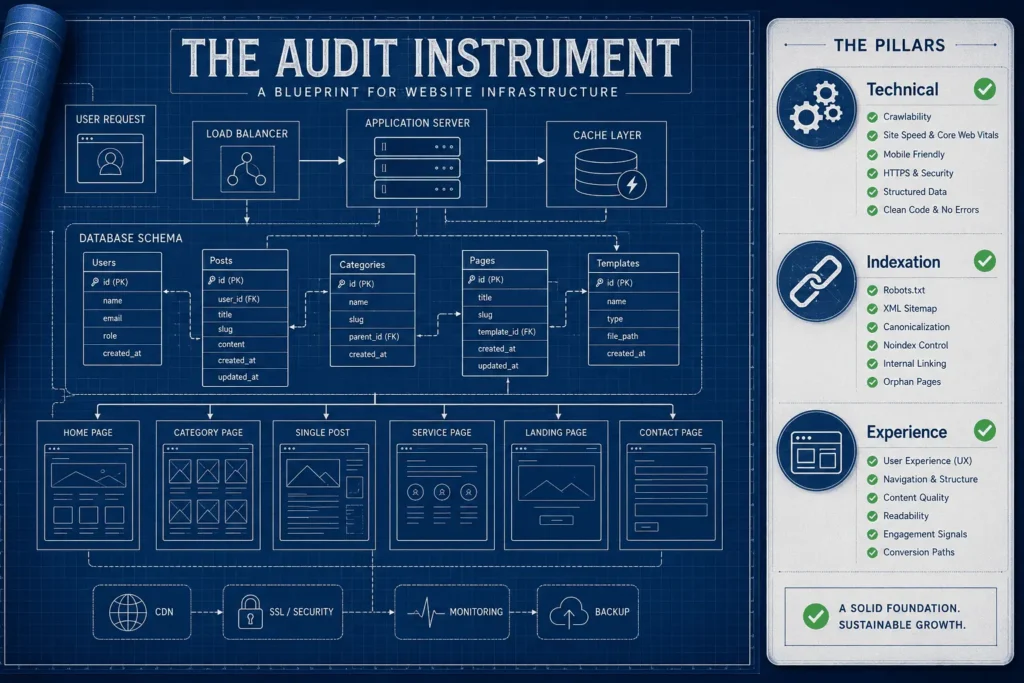 An illustrated blueprint of a website infrastructure serving as a diagnostic instrument, featuring checklist symbols.