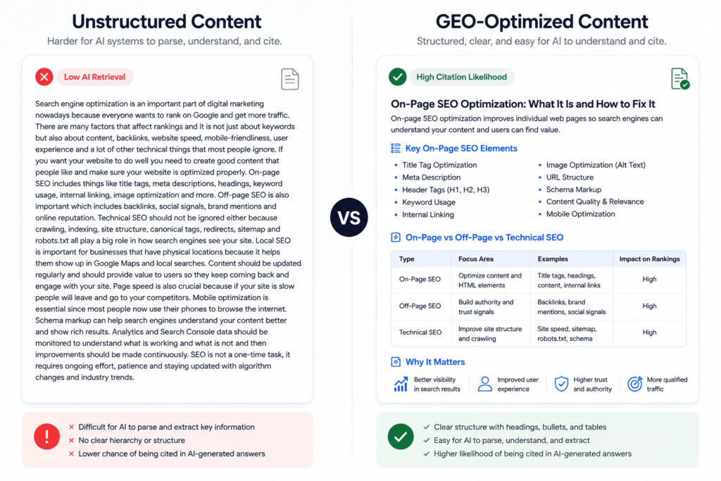 Side-by-side comparison showing unstructured content versus structured GEO-optimized content for AI search engines