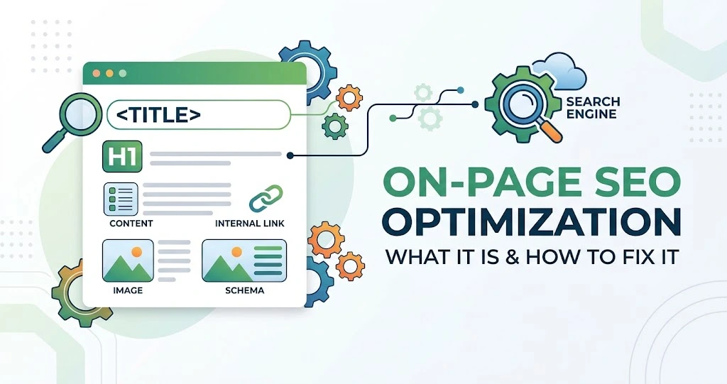An illustration of an On-Page SEO Optimization checklist, showing key elements like title, headings, content, internal links, images, and schema on a webpage with gears and a magnifying glass,
