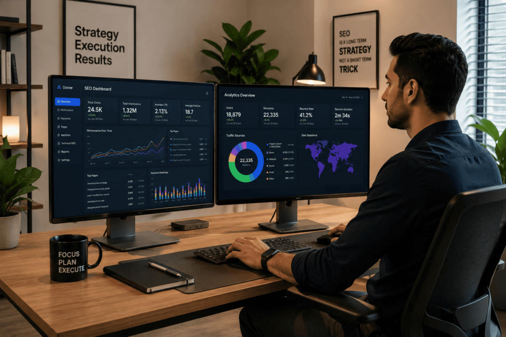 Marketing Scrappers practitioner analyzing SEO analytics and growth charts